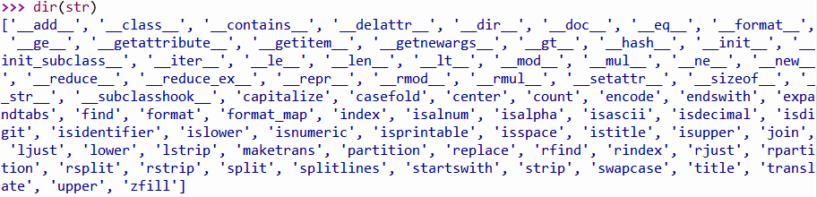 dir(str) displaying inbuilt methods and properties.